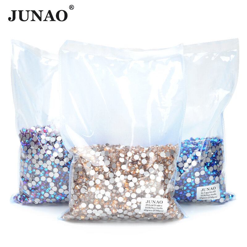 JUNAO-diamantes de imitación de Cristal AB para vestido, piedras traseras planas sin fijación térmica, 14400 piezas, SS6, SS12, SS16, SS20, SS30