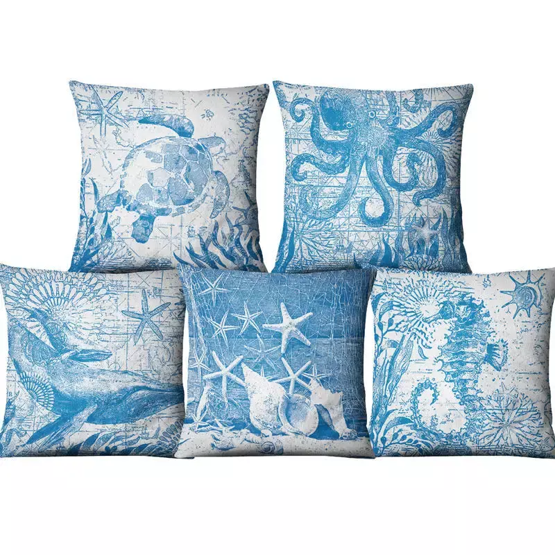 Funda de almohada con estampado de animales marinos, cojín azul de lino para sofá, silla y coche de un solo lado