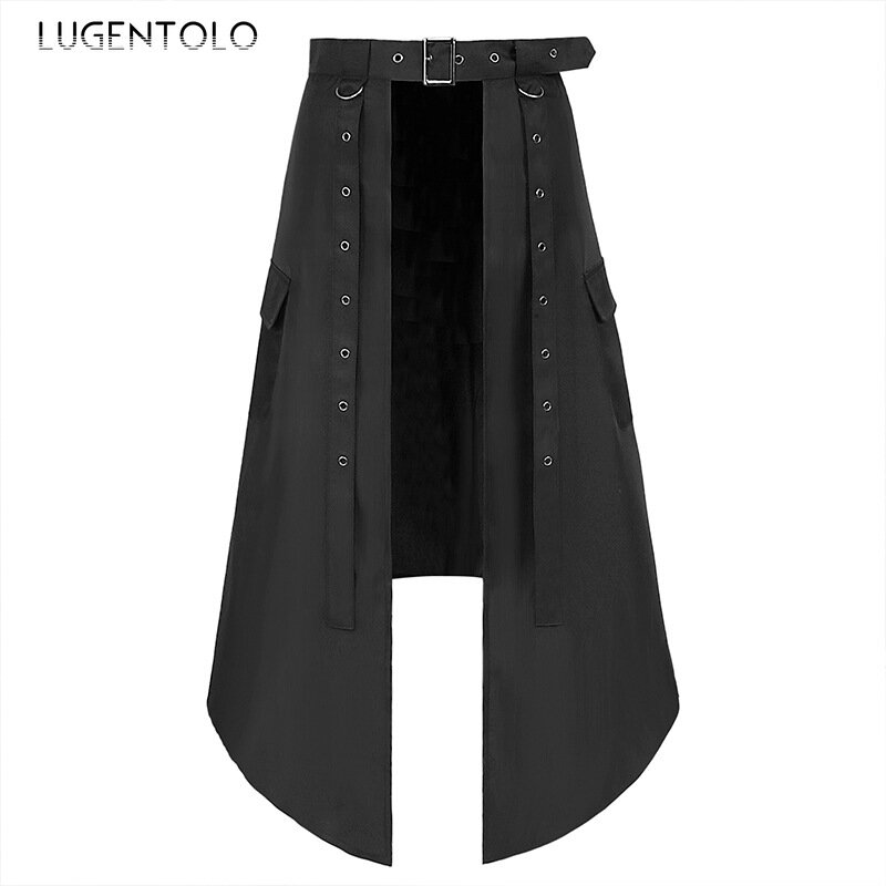 Lugentolo Men Dark Rock Skirt Punk Steam Gothic Party Fashion Solid New Men's Personality Black Rivet Asymmetric Half Skirts