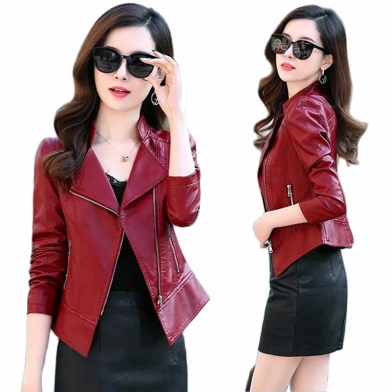 Temperament Women's Short Leather  Elegant Slim Fashion Top 2023 Spring And Autumn Women's Suit Collar Leather  6XL