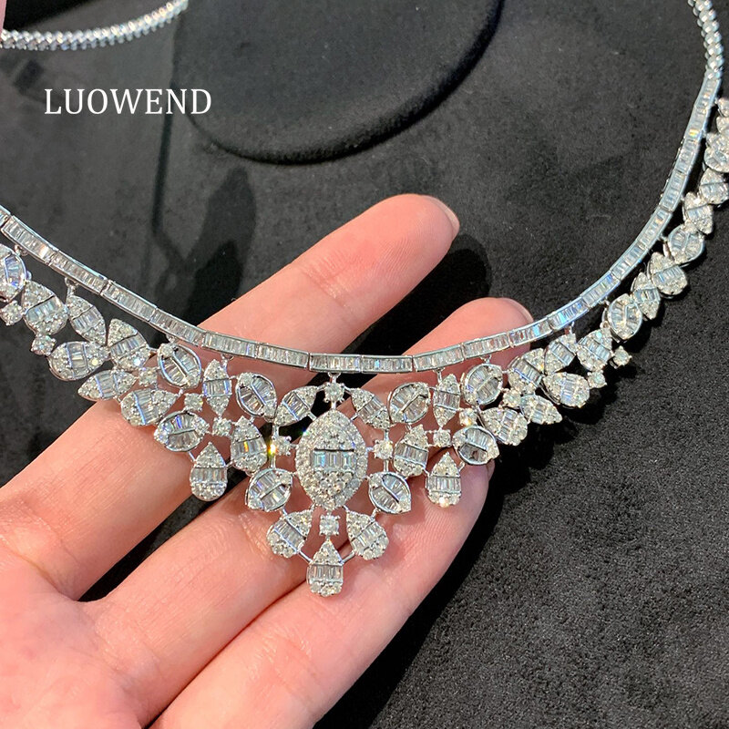 LUOWEND-18K Colar de ouro branco para mulheres, design luxuoso brilhante, diamante natural real, banquete sênior, alta joalheria, 7,3 quilates