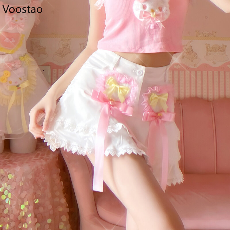 Summer Sweet Lolita Style Mini Skirt Women Cute Lace Ruffles Cartoon Bow Party Short Skirts Girls Kawaii A-Line Tiered Skirt