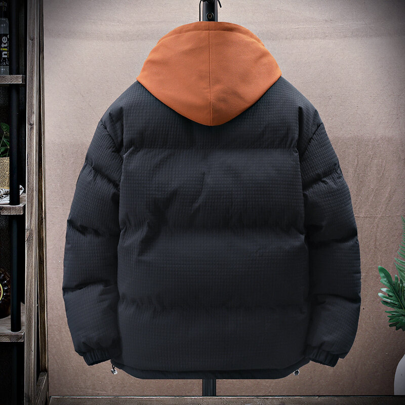 Casaco grosso com capuz acolchoado de algodão masculino, jaqueta técnica, moda Harajuku, Parkas oversize para jovens, inverno quente, 2 peças falsas