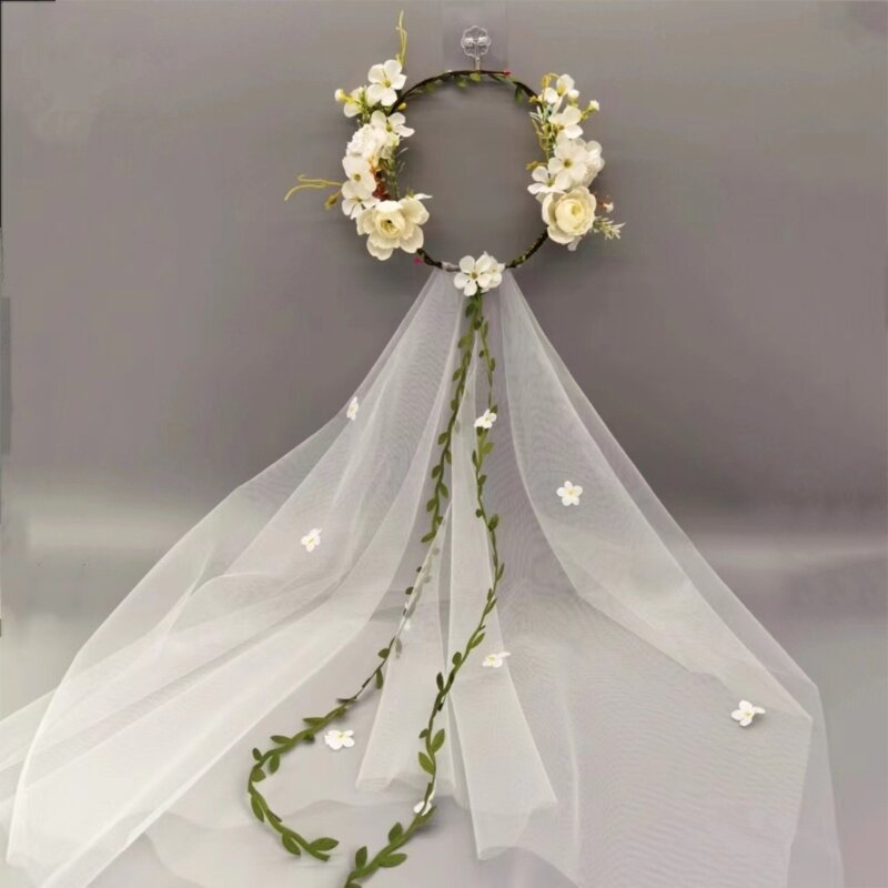 Diadema larga de tul y flores para mujer, aro para el pelo con flores, decoraciones para el cabello de boda 634D