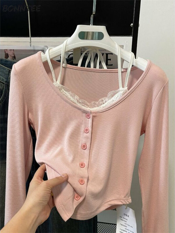 เสื้อยืดสีชมพูผู้หญิง Slim หวานวิทยาลัยแฟชั่นฤดูใบไม้ผลิเกาหลีลำลองนุ่มตัด Spliced ออกแบบ2023มาใหม่ล่าสุดสบายๆ