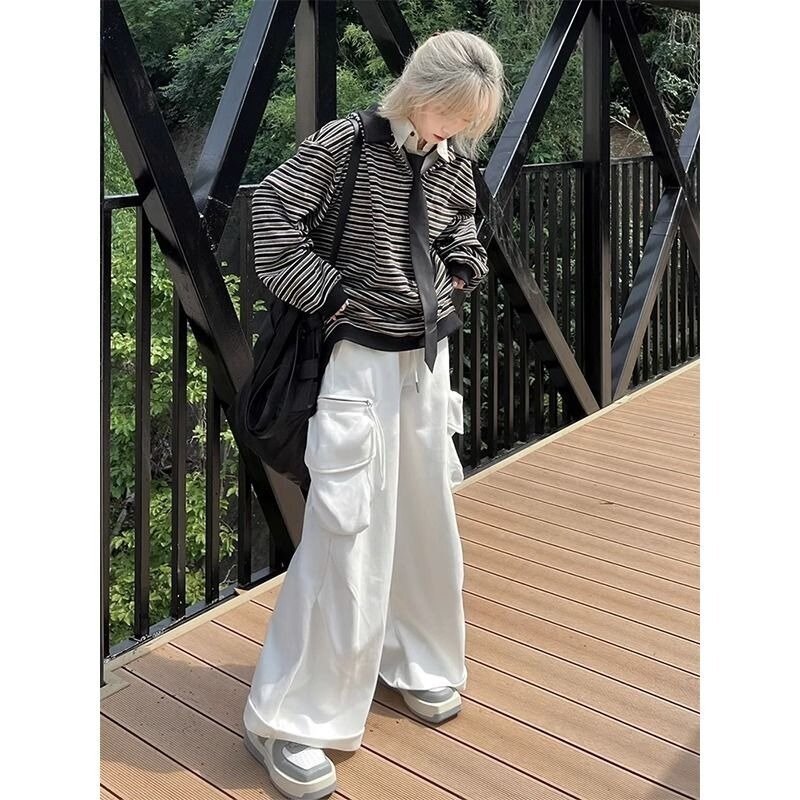 Harajuku Vintage Sweatshirt Striped Fake Two Pieces Polo Collar Y2K Tops Women Streetwear Long-sleeved Korean Fashion Pullover