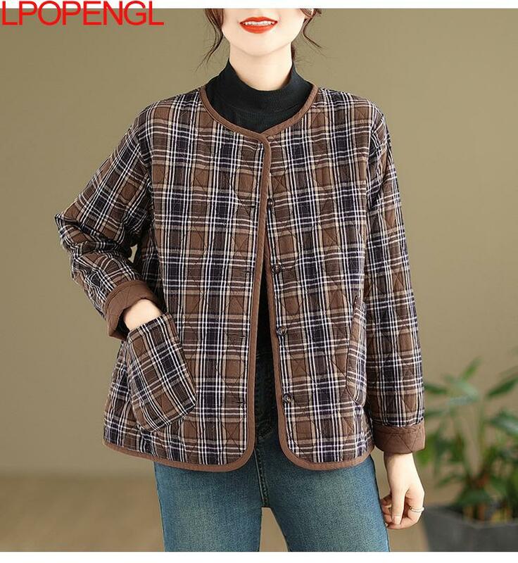 여성용 빈티지 긴 소매 싱글 브레스트 코튼 코트, 문학 격자 무늬 따뜻한 와이드 웨이스트 라운드 넥 재킷, 가을 및 겨울