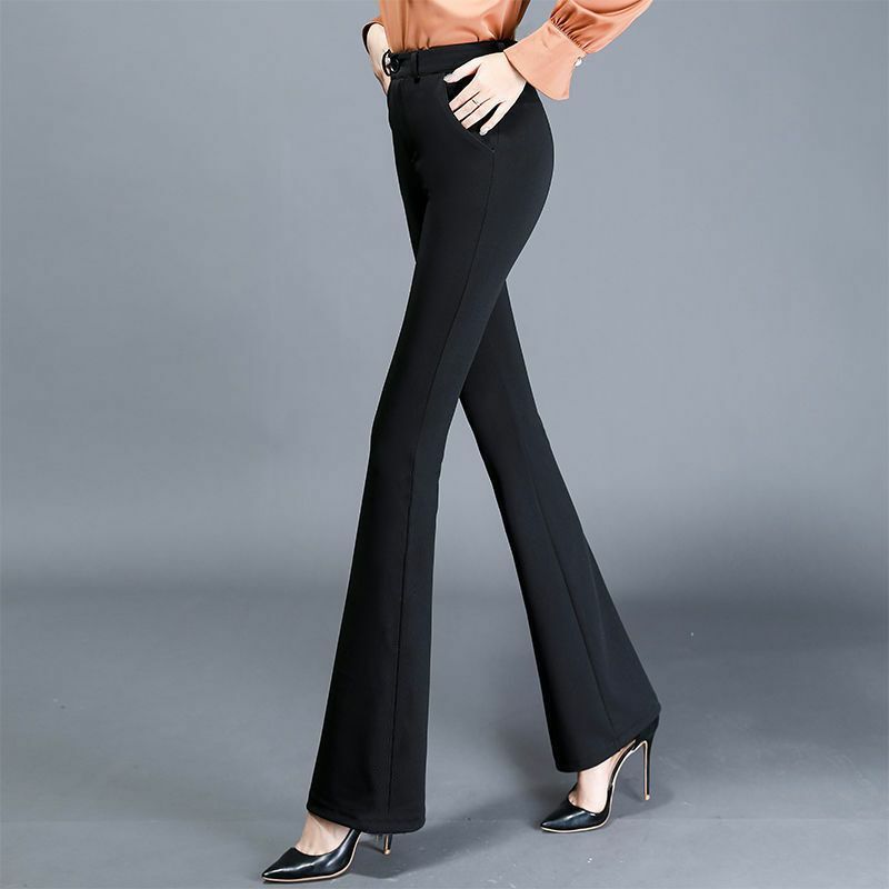 Pantalon évasé droit simple pour femme, monochrome, taille haute, bouton, poche zippée, décontracté, polyvalent, élastique, mode estivale, fjk