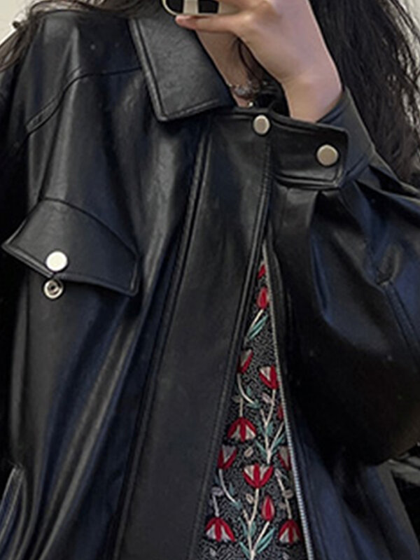 Lautaro primavera roupas para as mulheres outono oversized preto macio à prova dwaterproof água do falso jaqueta de couro com zíper vintage casual solto moda