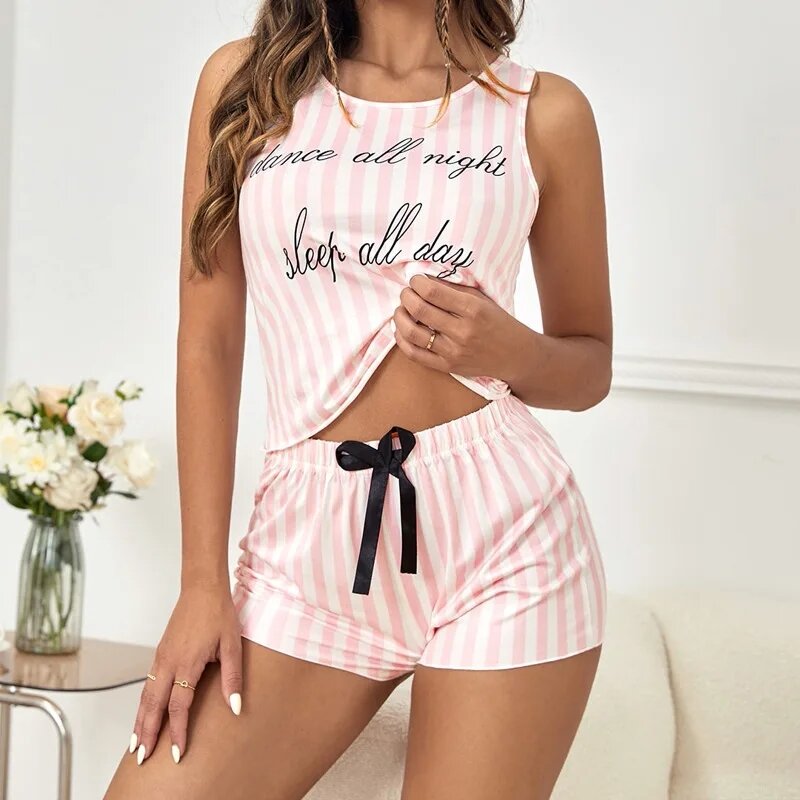Pajamas for Women Summer Stripe Print Sleepwear Faux Cotton O-neck Pyjama Tank Top Shorts 2-piece Soft Sleeveless Home Nightwear