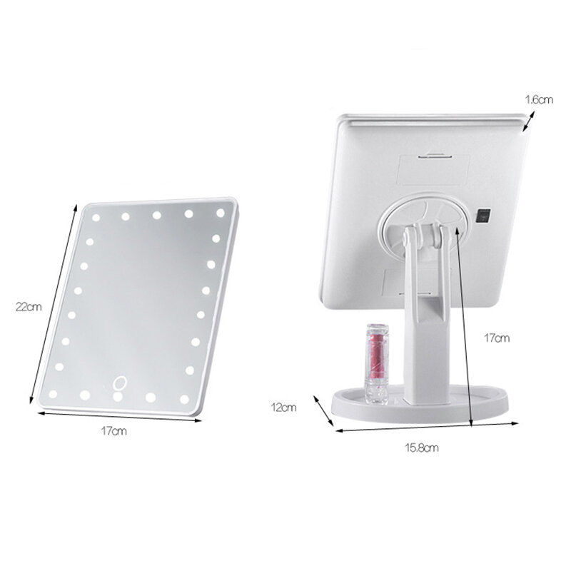 สี่เหลี่ยมผืนผ้า16/22 LEDs กระจกใช้ USB และแบตเตอรี่แห้งหมุน-Touch-สวิทช์เดินทางห้องน้ำแต่งหน้าเครื่องมือ