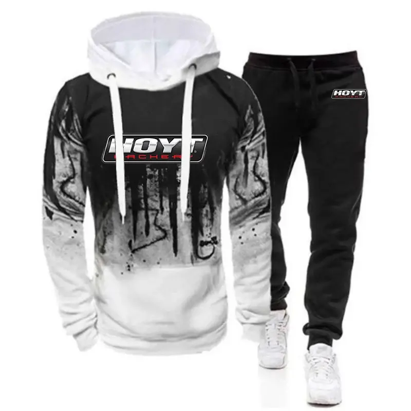 Hoyt Archery 2024 Men's New Gradient Color Hooded Pullover Hoodie Top+Pant Casual Sweatpant High Street Two Piece Suit