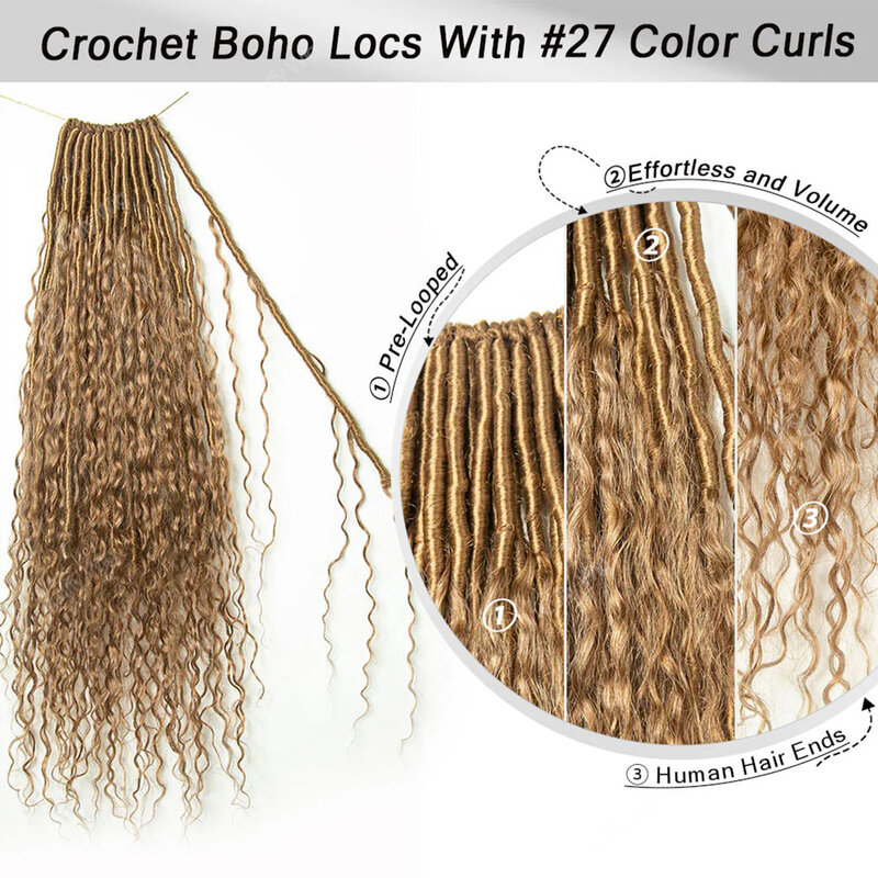 Crochet campuran Boho Locs dengan rambut manusia keriting pra-lingkaran Highlight kepang rambut ekstensi tanpa simpul rambut untuk mengepang luffywig