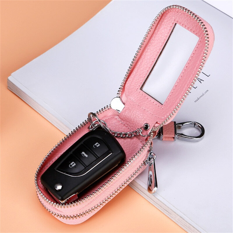 Genuine Cow Leather Home Car Key Bag Case Zipper Wallet Men Women's Key Holder Double Layers General Key Organizer Pocket Purse