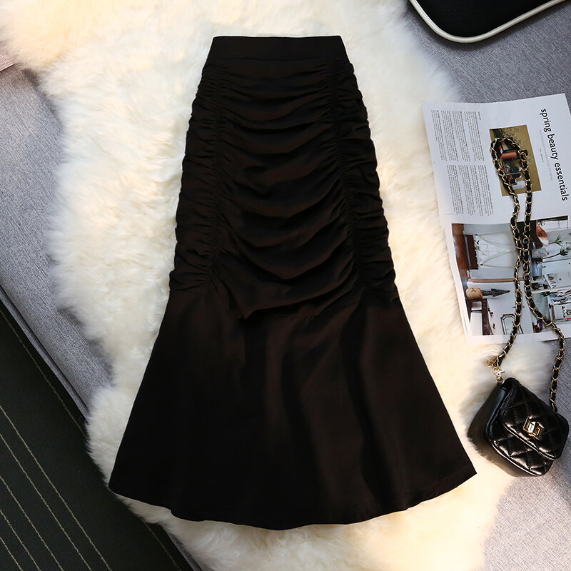 Wisher & Tong 여성 인어 스커트 Hight 허리 폴드 롱 스커트 한국 패션 Pleated Midi Skirt 2022 Summer Jupe Femme