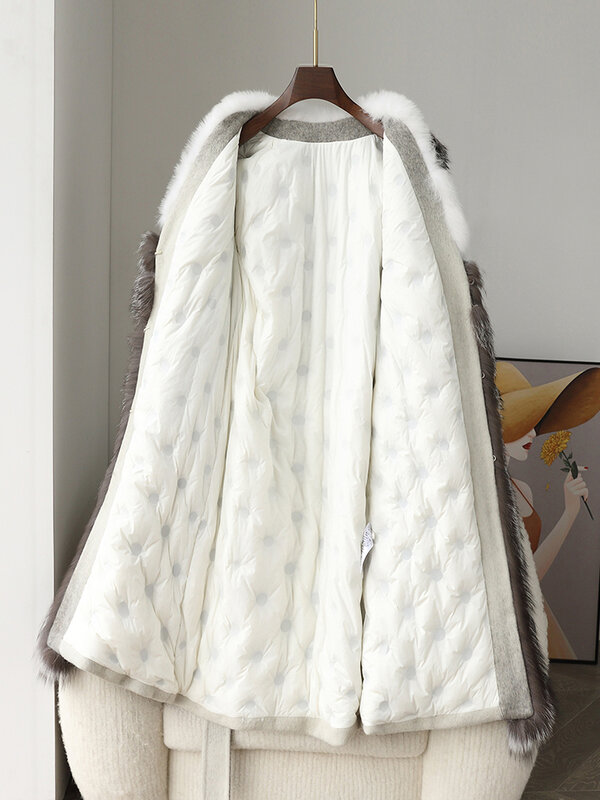 Женское пальто с воротником из лисьего меха, облегающее кашемировое двустороннее шерстяное пальто с подкладкой из белого гусиного пуха