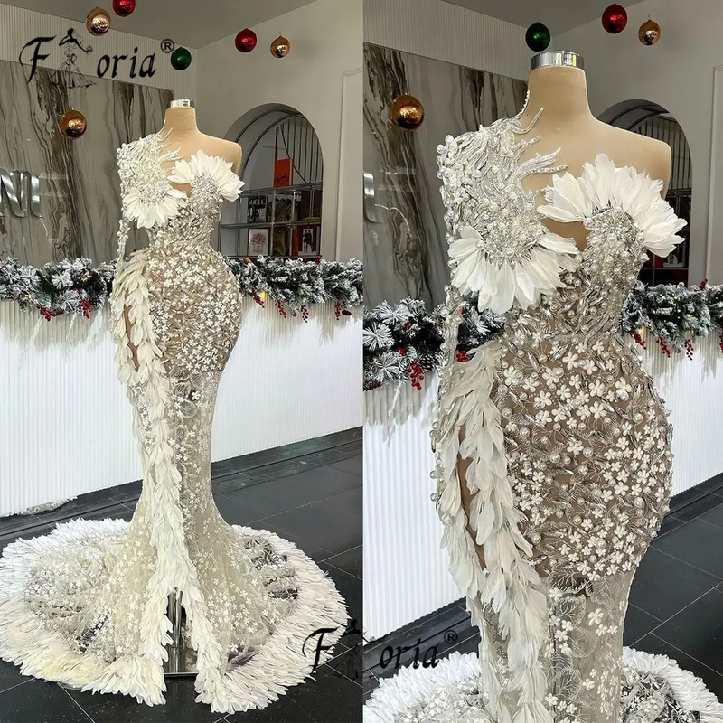 Gorgeous Dubai Mermaid Formal Evening Dresses Pearls Flower Appliques Feather Party Gowns Arabic Prom Dress 2023 Robe De Soiree