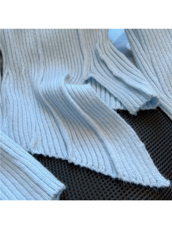 Damski niebieski sweter z dzianiny z długim rękawem kwadratowy kołnierzyk sweter z dzianiny koreański sweter Y2k ubrania Vintage jesień 2023