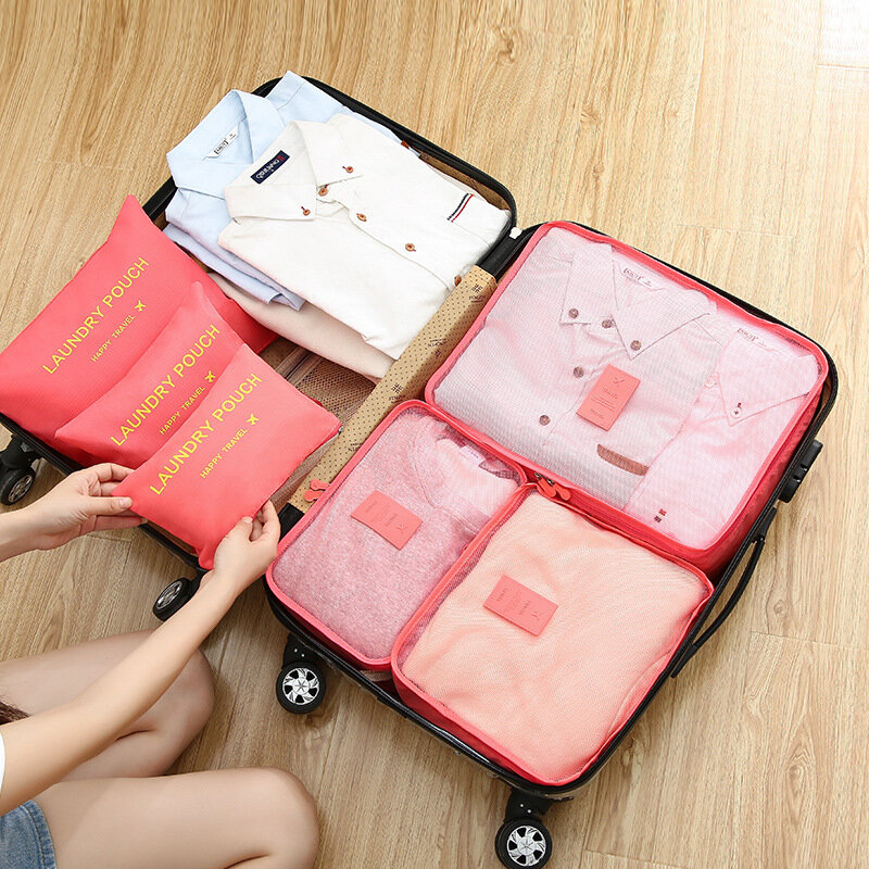 6 teile/satz rosa/blau/grau Reisetasche große Kapazität wasserdichte Gepäck Kleidung Unterwäsche Aufbewahrung tasche Tasche mit Reiß verschluss