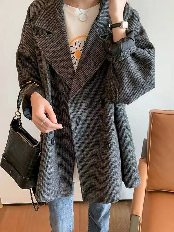 Giacca da donna in lana stile coreano autunno e inverno 2023 nuovo studente sciolto di media lunghezza stile bozzolo cappotto Casual Blazer Top