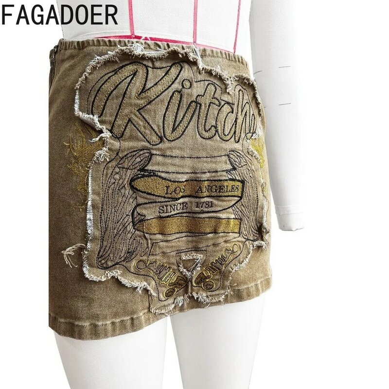 FAGADOER-تنورات جينز مطرزة للنساء ، عالية الخصر ، تنورة صغيرة مرنة ، بنطلون مطابق ، جديد ، Y2K ، بني ، صيف