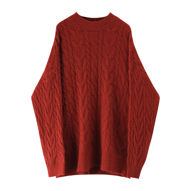 GUUZYUVIZ Sweter Pullover simpul adonan goreng merah wanita, atasan rajut pakaian luar tebal populer musim gugur dan musim dingin longgar