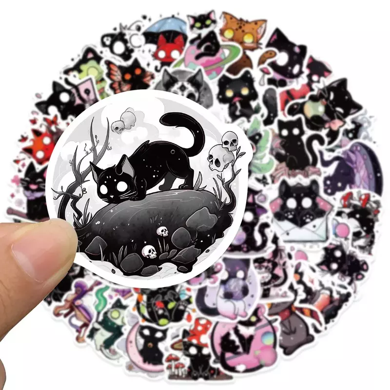 Gato preto adesivos, anime, bonito, engraçado, amor, doodle, impermeável, para mala, garrafa de água, laptop, skate, bagagem, diy, 50pcs