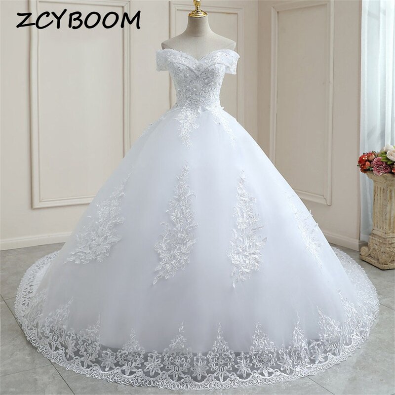 Elegant off Shoulder Appliques Lace Sequined Ball Gown Wedding Dresses For Women 2024 Sweep Train Bridal Gowns Vestido De Noiva