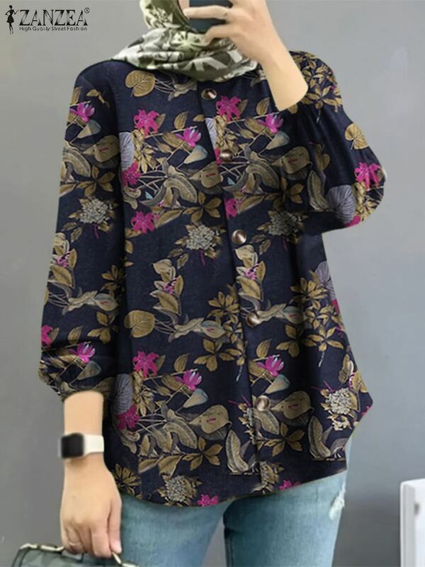 ZANZEA Women Vintage Spring Muslim Dubai Turkey Abaya Shirt Casual Buttons Down Tops Floral Printed Long Sleeve Blouse Blusas