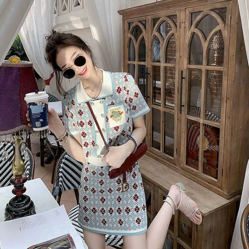 Zestawy sukienek zestawy dwuczęściowe damskie stroje koreańska moda styl Preppy topy z koszulka Polo z krótkim rękawem dekoltem i spódnice z wysokim stanem dla kobiet