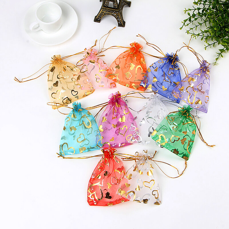 100pcs/lot 7x9cm 9x12cm Mixed Gold Heart Star Adjustable Drawstring Pouch Bags for Wedding Gifts Organza Jewelry Pouch Wholesale