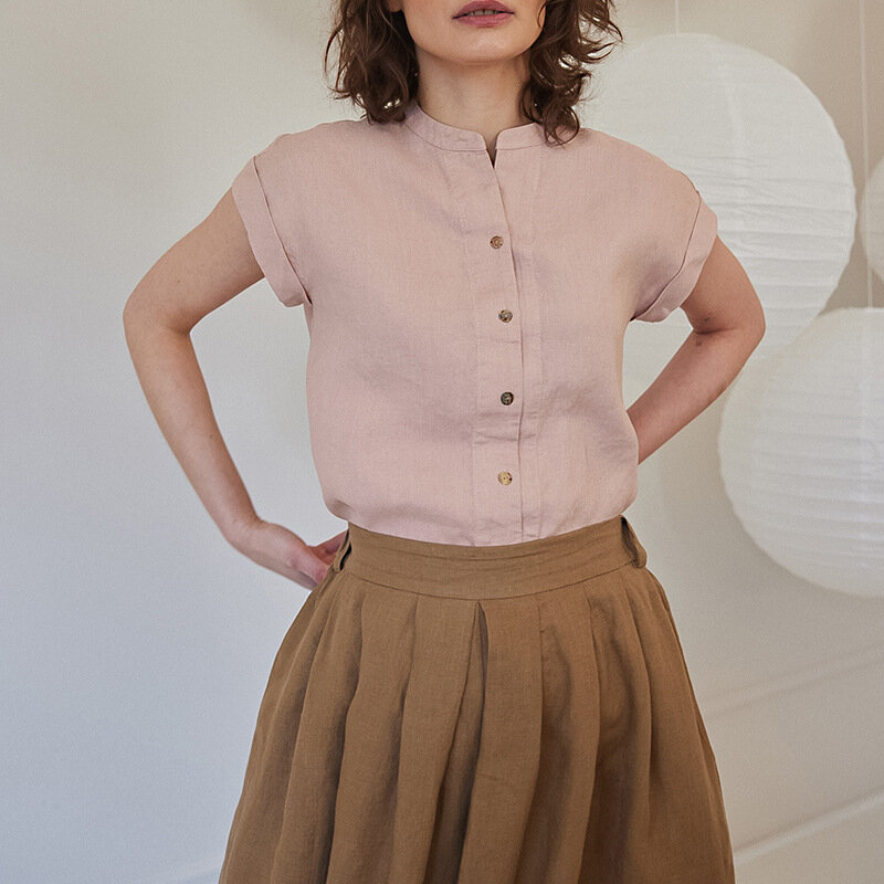 Blusa Feminina Francesa Chic de Manga Curta de Botão para Colarinho, Streetwear Casual de Verão, Camisas Novas 100% Linho