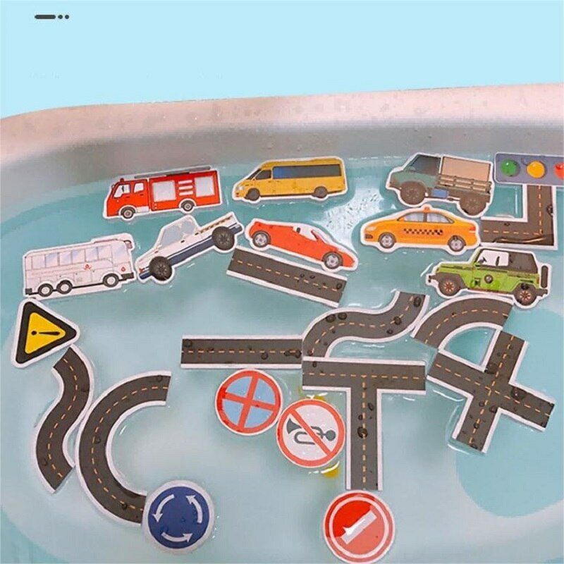 23 pezzi bagno acqua giocattolo parete appiccicosa traffico urbano auto Road Rail Puzzle vinile 0-3Y 3-6Y 6-12Y 12 + y 14 + Y caratteristiche del bagno