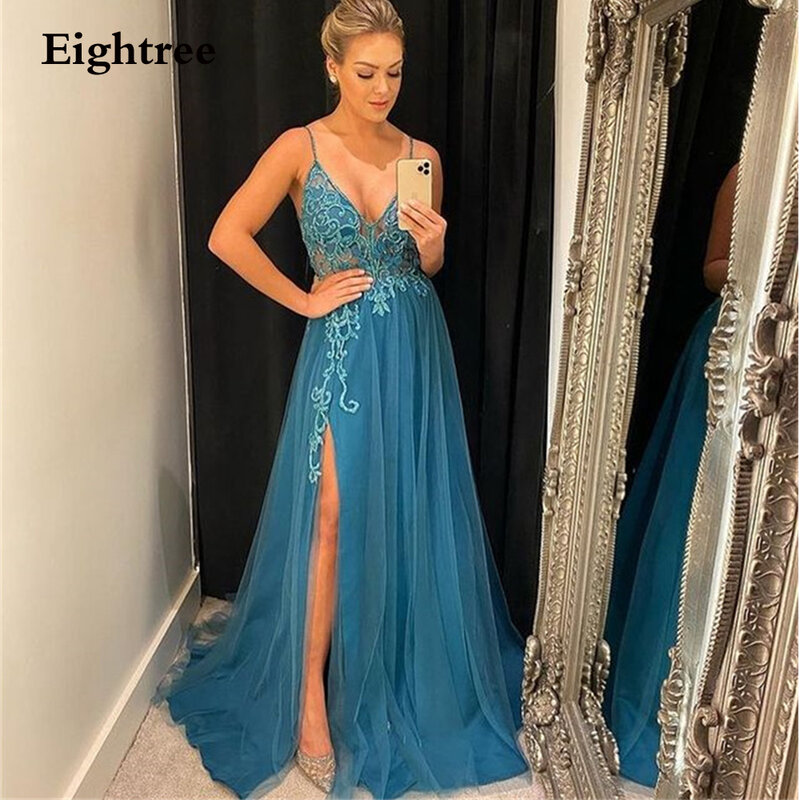 Eightree Formal Prom Dresses Spaghetti Straps Lace Appliques High Slit Evening Gowns Long PartyEvent Dress Robes De Soirée