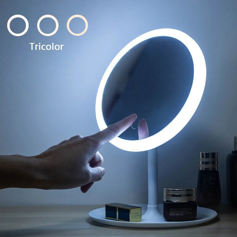 LED Tricolour Light Makeup Mirror Storage Cosmetics Tray  Adjustable Touch Dimmer Portable and Detachable USB Beauty Mirror