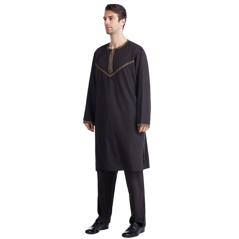 Męski Jubba Thobe sukienka muzułmańska islamski tradycyjny materiał na męskie najlepsze spodnie Abaya zestaw modna, patchworka saudyjski arabski kostium modlitewny