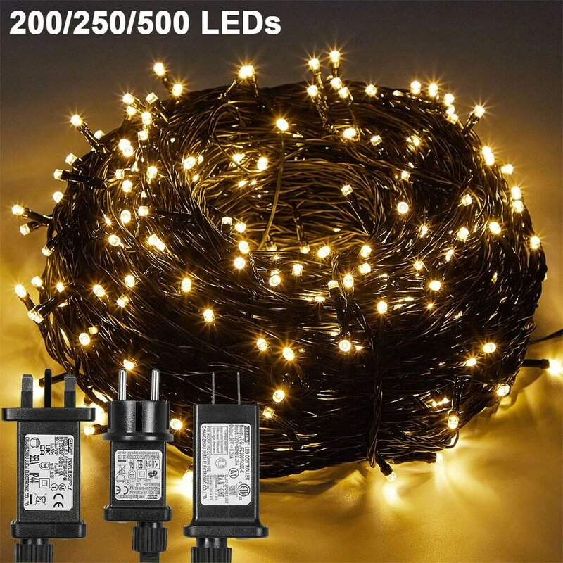 20/50/100M LED Lampu Peri Natal Luar Ruangan Lampu Tali Putih Hangat Tahan Air 8 Mode Dekorasi Pohon Natal 31V UK/EU/US Plug