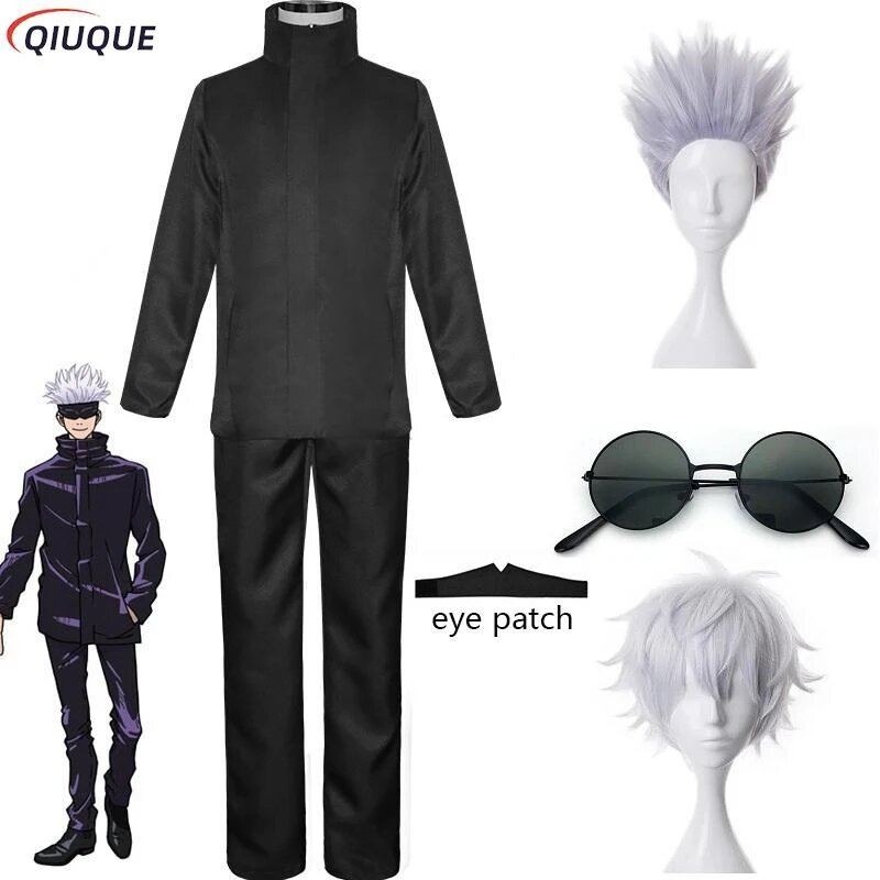 Костюм для косплея черного/синего цвета Gojo Satoru, Искусственные парики с нашивками для глаз в стиле аниме, Хэллоуин, униформа для мужчин и детей 110-3XL