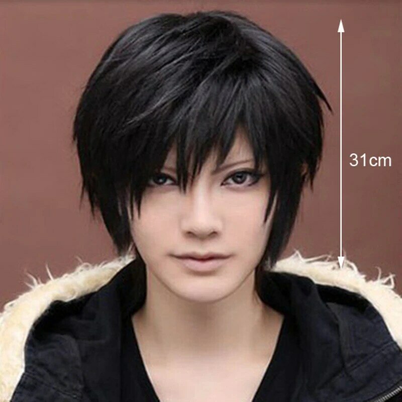 Fashion Cosplay Short Black Heat Resistant Synthetic Wig for Man Lace Front Synthetic Human Hair Piece with Net Cap 코스프레