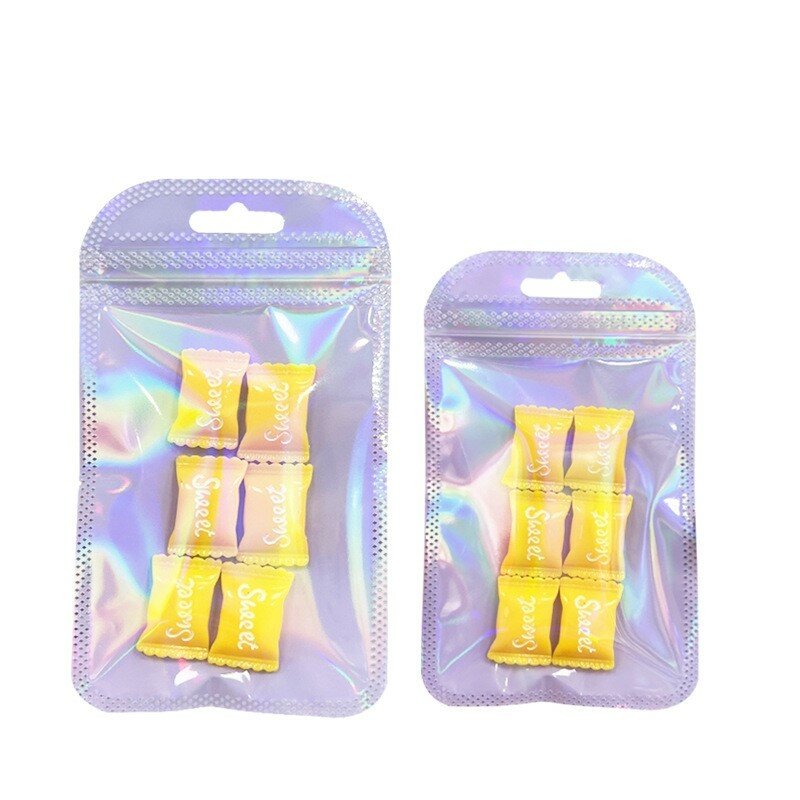 Bolsa holográfica de plástico transparente para joyería, bolsa con cremallera para almacenamiento de cuentas, suministros de embalaje para negocios pequeños, 50 piezas