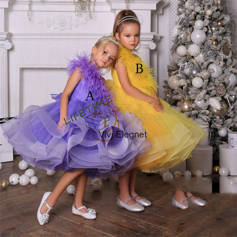 Nowoczesne sukienki dziewczęce z kwiatem dla dzieci bez rękawów nowe miękki tiul świąteczne suknie 2024 zimowe nowy zamek plecy فلور فتاة اللب