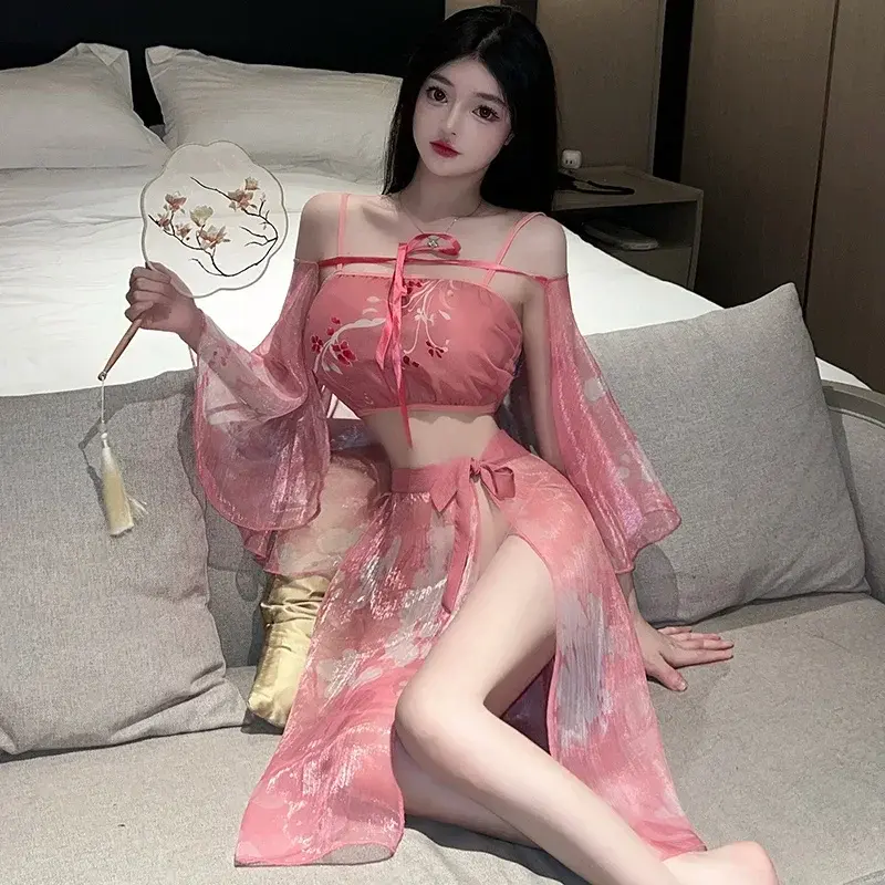 Conjunto de lencería Hanfu para mujer, ropa de dormir Sexy China Antigua, novia Sissy con lazo, perspectiva erótica, rojo, boda
