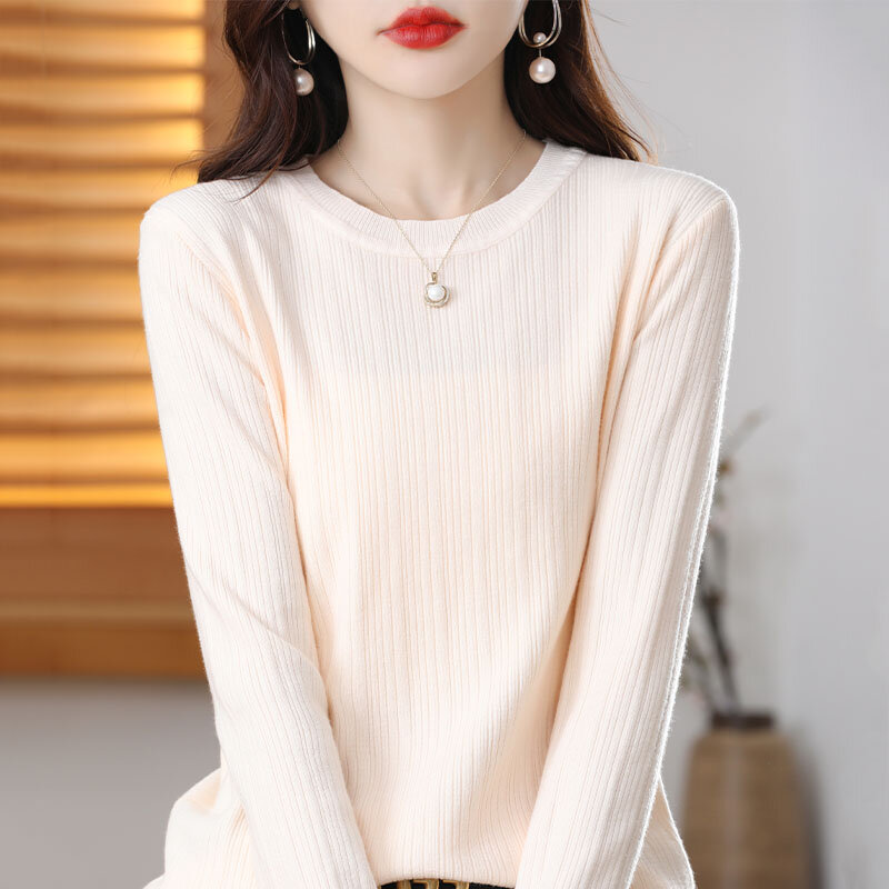 Camisola feminina de manga comprida com gola redonda, camisa de fundo tricotado, pulôver monocromático, novo, primavera e outono