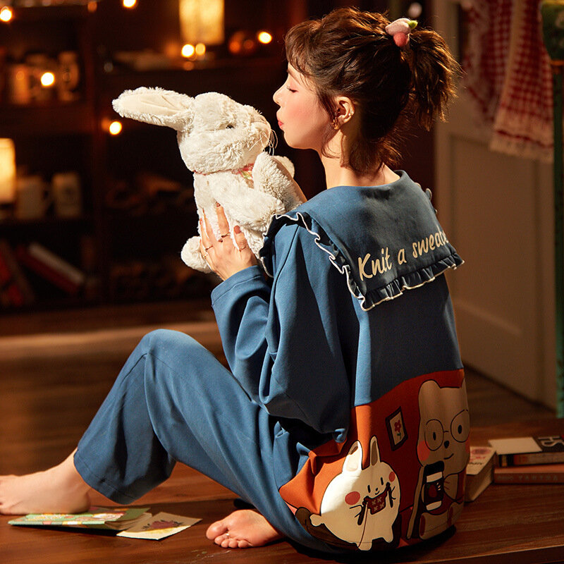 Conjunto de pijama de algodão puro feminino, cardigã de manga comprida, roupa doméstica doce e fofa, pode ser conectada a meninas, novo, outono