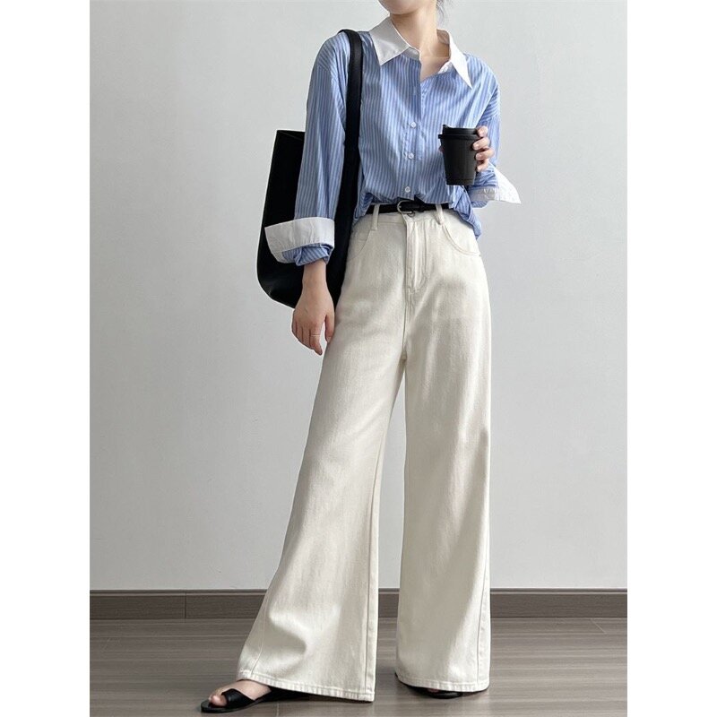 QWEEK Oversized Stripe Shirt Woman Office Ladies Elegant Long Sleeve Blouses Summer Korean Fashion Old Money Style Aesthetic