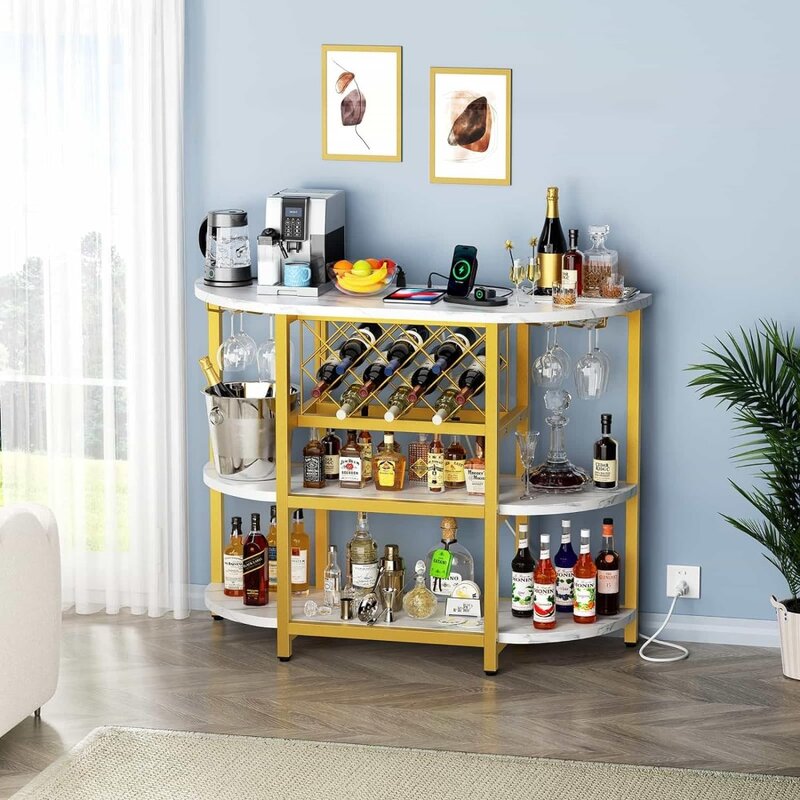 LED Home Mini Bar Cabinet for Liquor Cabinet With Power Outlet Metal Wine Bar Stand With 4-Tier Storage Easy to Assemble Grey