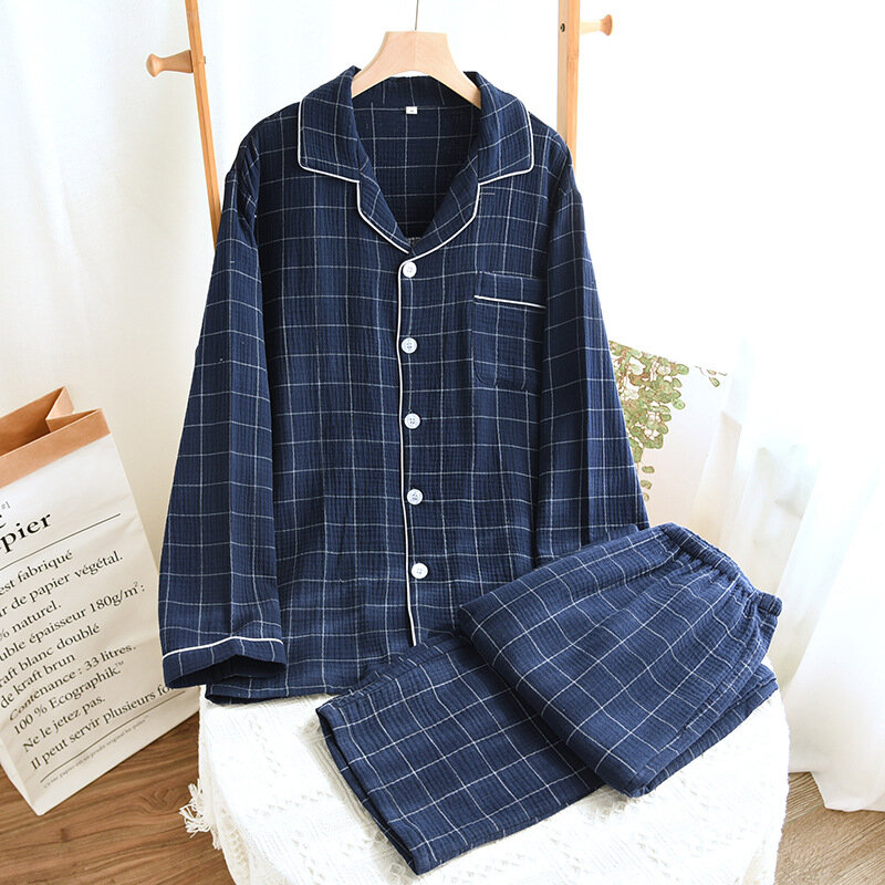 Spring / Autumn Men's Pajamas Plaid Crepe Long Sleeved Pants Two-piece Set Two Color Large Size Loose and Casual Home Clothes