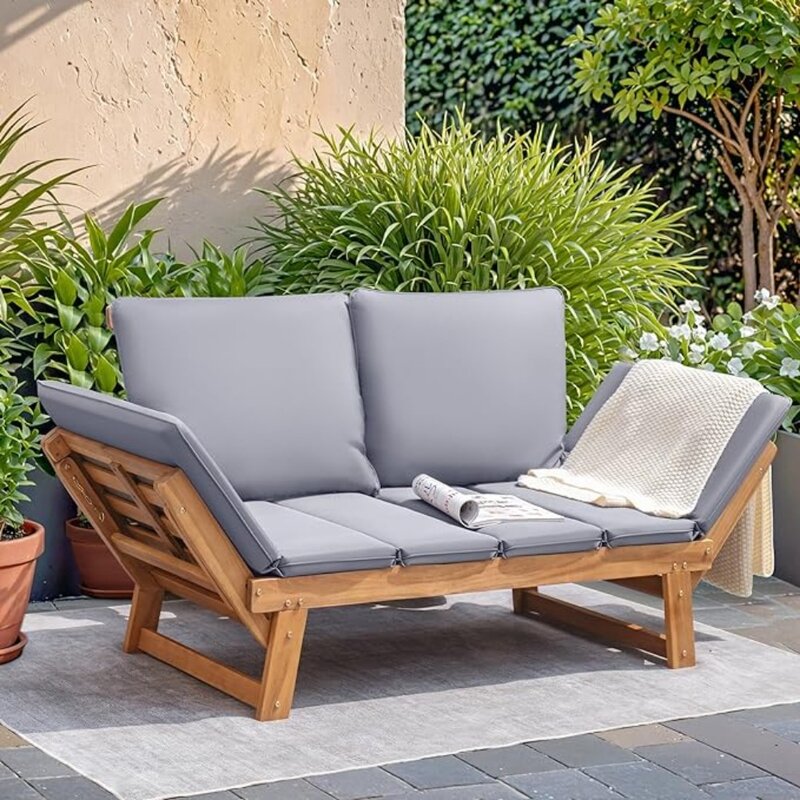 Sofá pátio de madeira Acacia com braços ajustáveis, sofá ao ar livre, almofadas removíveis e travesseiros
