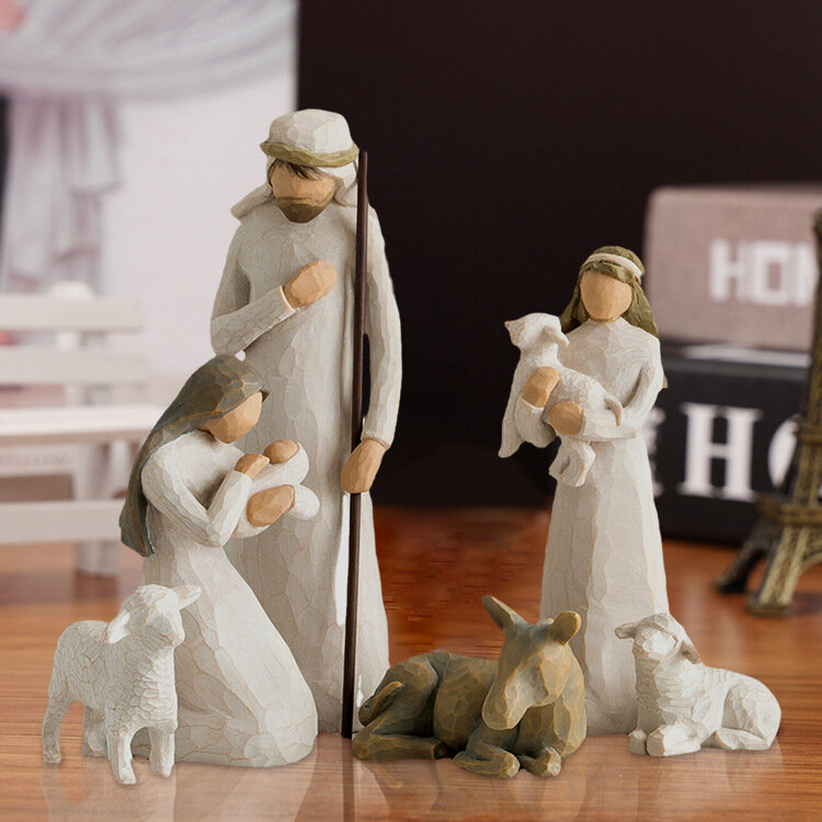6ชิ้น/เซ็ตเรซิ่น Mini Nativity Scene Stable Figurine รูปปั้นพระเยซู Mary Joseph คาทอลิก Miniatures โบสถ์ตกแต่งบ้านเครื่องประดับข...