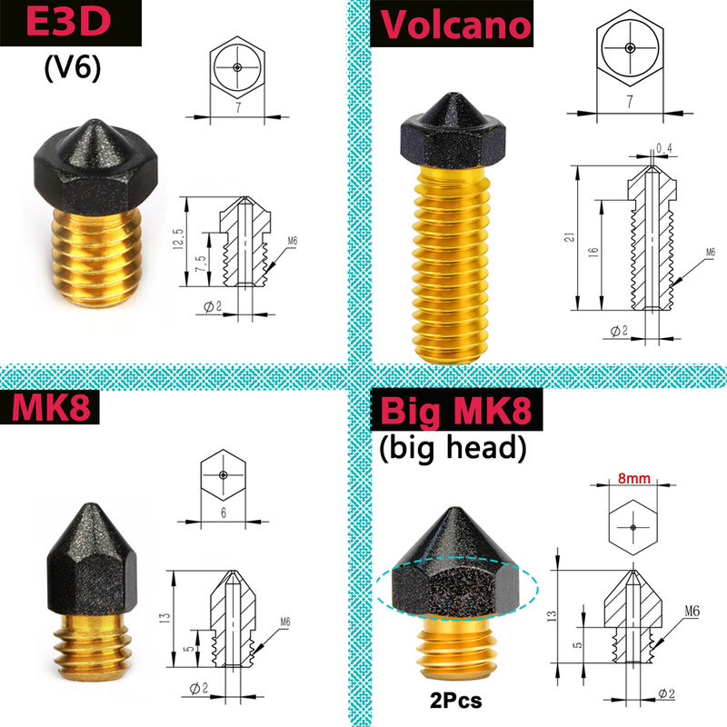 1/2/5PCS MK8/E3D/Volcano kuningan PTFE Nozzle dilapisi Non Stick filamen 0.2/0.3/0.4/0.6/0.8/1.0mm 3D Printer Ender 3 envio gratis